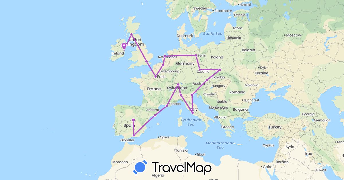 TravelMap itinerary: driving, train in Austria, Belgium, Switzerland, Czech Republic, Germany, Spain, France, United Kingdom, Ireland, Italy, Netherlands, Poland, Vatican City (Europe)